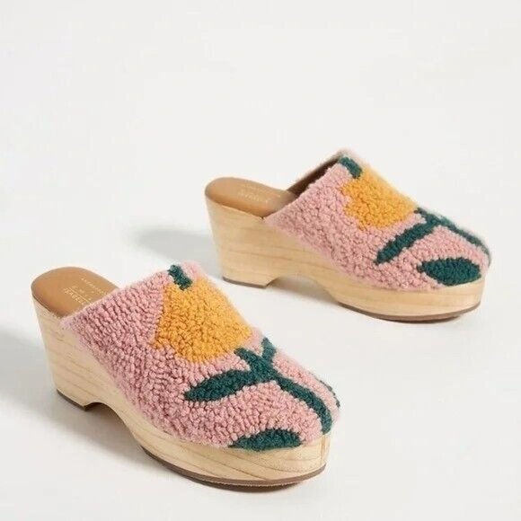 Anthropologie Shoes - Anthropologie Emily Isabella Pink Floral Wood Clogs WOOL Size 40 9.5 NEW